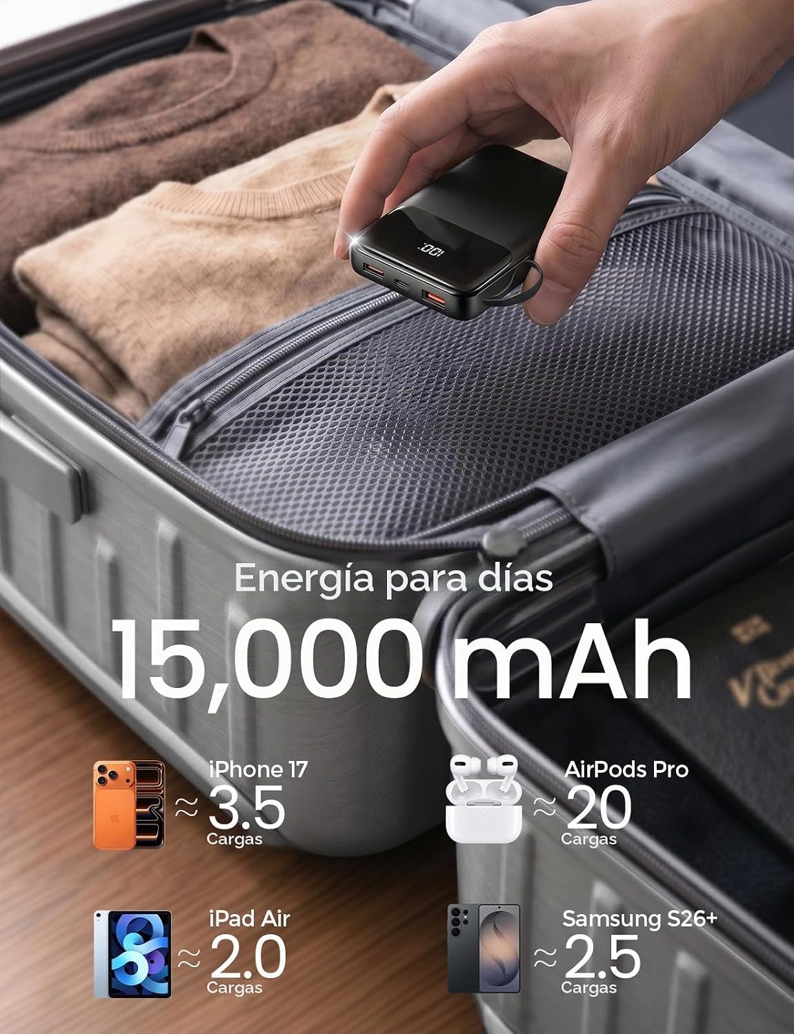 HELLEE BANCO PORTÁTIL DEL PODER DEL CARGADOR 15000MAH, 45% MÁS PEQUEÑO - 2
