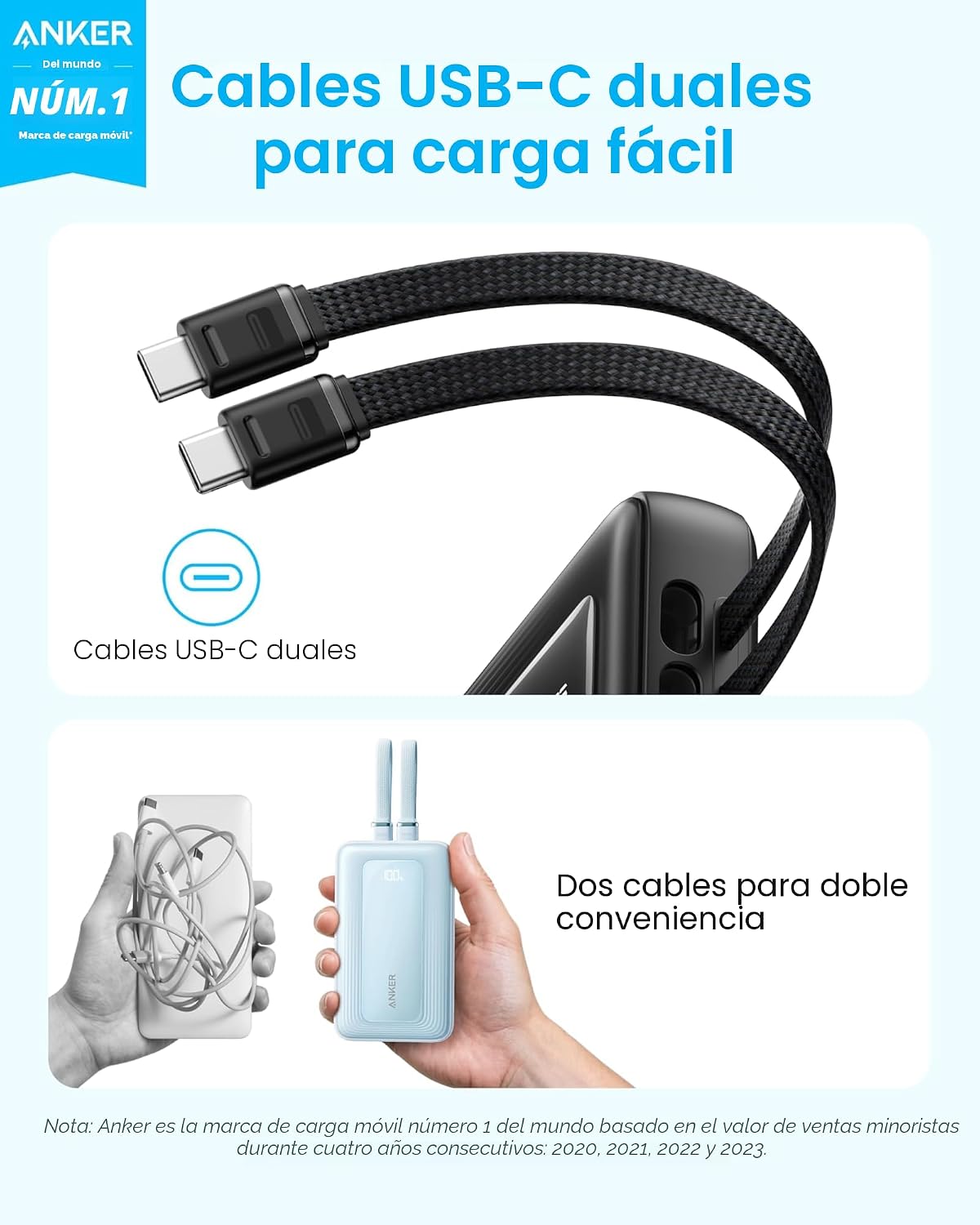 ANKER ZOLO - BANCO DE ENERGÍA VERSIÓN ACTUALIZADA 2025 , CARGA RÁPIDA MÁXIMA DE 45 W, BATERÍA DE 20,000 MAH, CABLES USB-C - 2