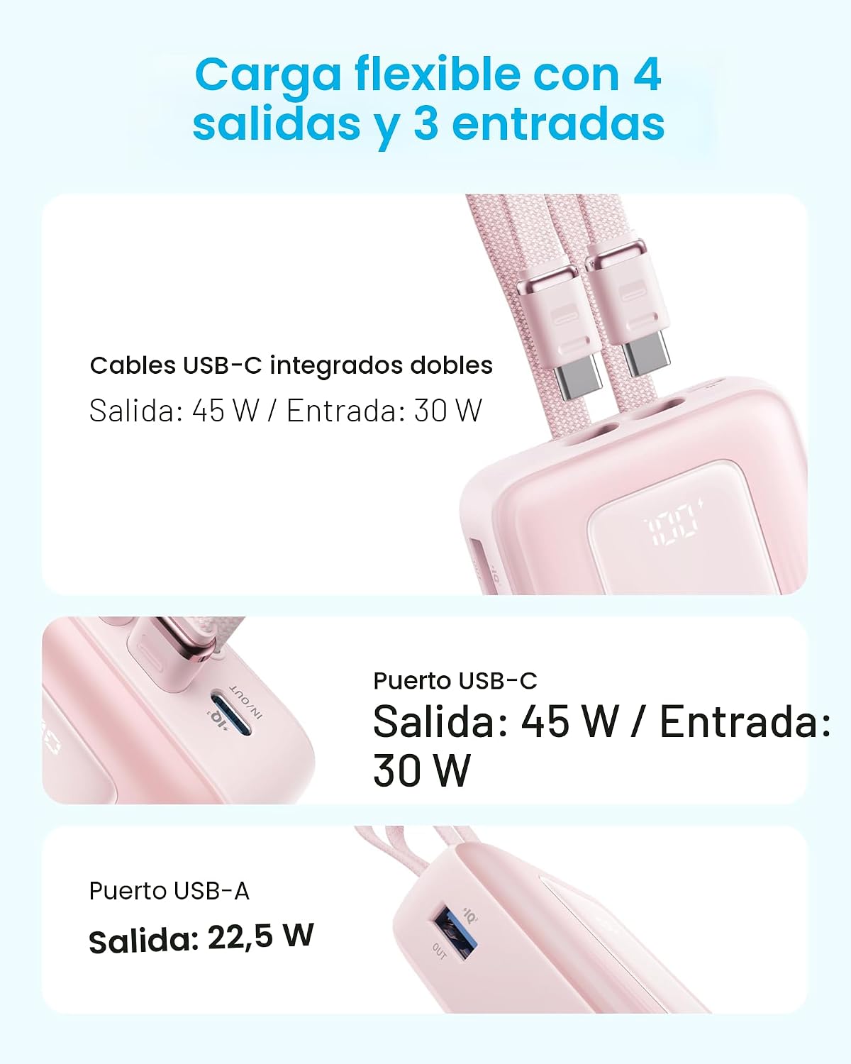 ANKER ZOLO - BANCO DE ENERGÍA VERSIÓN ACTUALIZADA 2025 , CARGA RÁPIDA MÁXIMA DE 45 W, BATERÍA DE 20,000 MAH, CABLES USB-C - 6