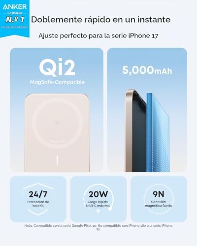 ANKER NANO POWER BANK, BATERÍA DE CARGA MAGNÉTICA INALÁMBRICA DE 5,000 MAH ULTRADELGADA, CERTIFICADA QI2 15W MAX COMPATIBLE - 7