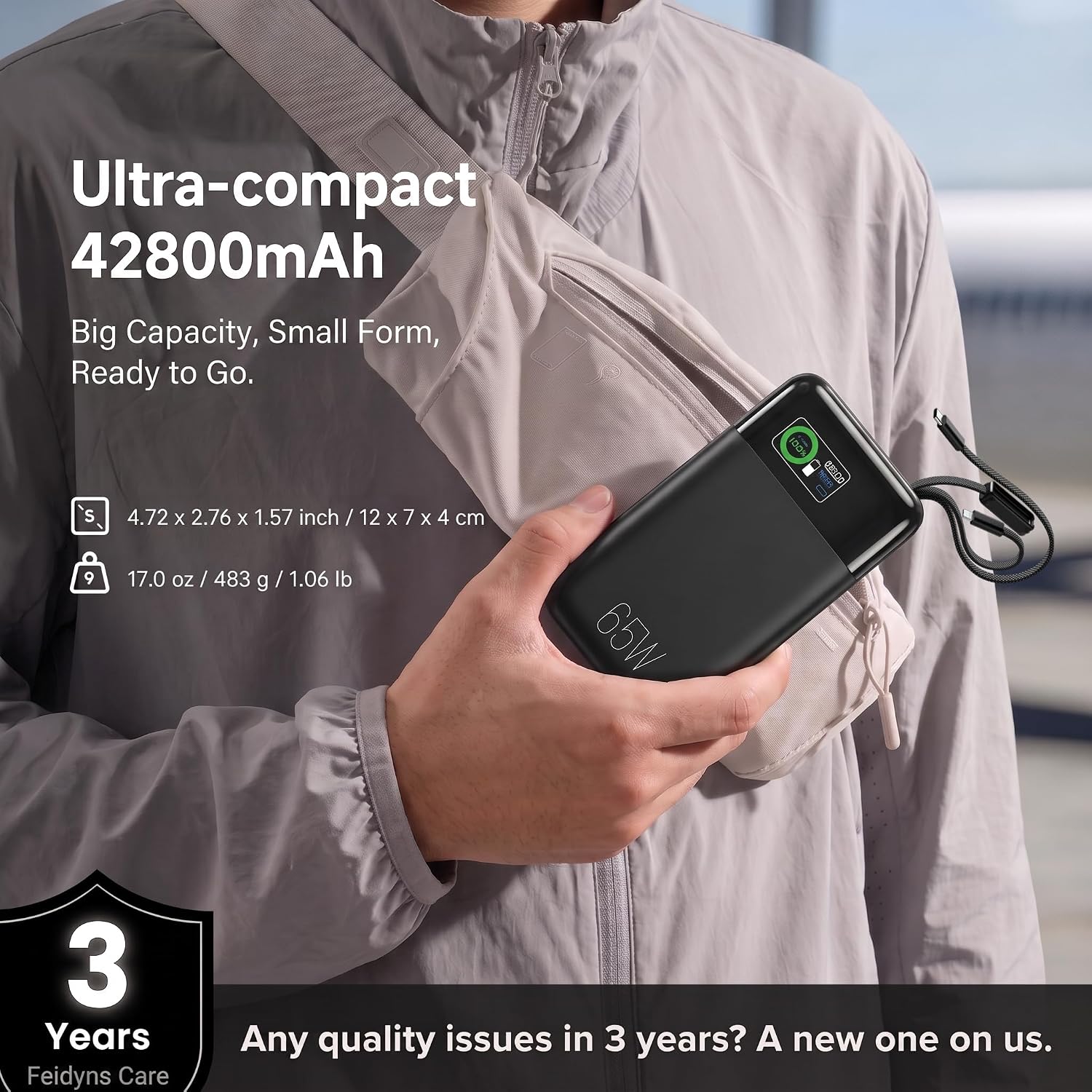 CARGADOR PORTÁTIL PARA PORTÁTIL DE 65 W BANCO DE ENERGÍA DE 42,800 MAH CON 2 CABLES TRENZADOS INTEGRADOS, 4 PUERTOS DE 130 W - 2