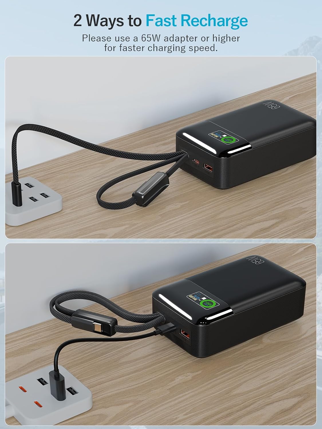 CARGADOR PORTÁTIL PARA PORTÁTIL DE 65 W BANCO DE ENERGÍA DE 42,800 MAH CON 2 CABLES TRENZADOS INTEGRADOS, 4 PUERTOS DE 130 W - 7