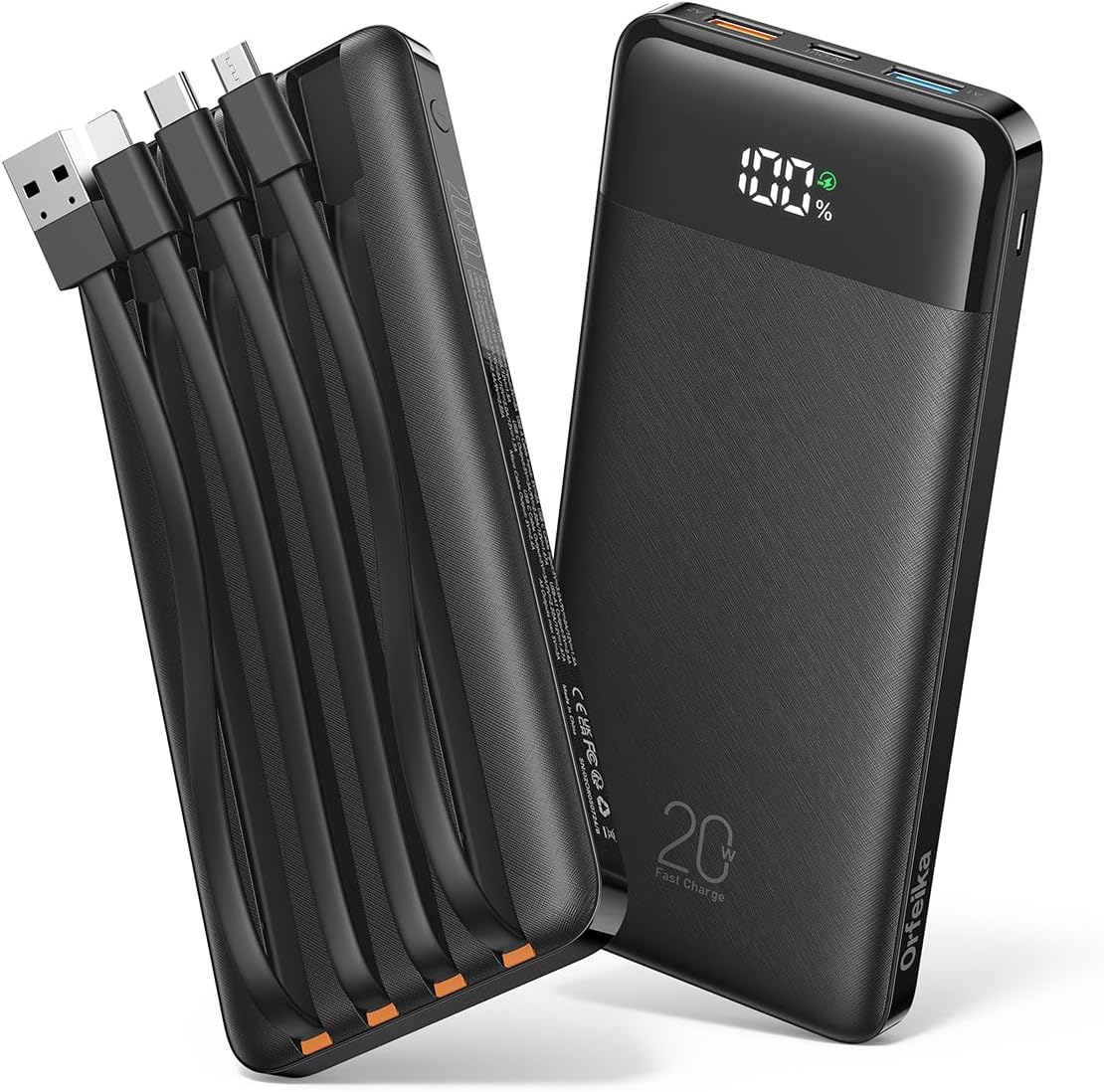 ORFEIKA CARGADOR PORTÁTIL DE 20000MAH CON CARGA RÁPIDA, CARGADOR CON 4 CABLES INTEGRADOS Y 6 SALIDAS, PAQUETE DE BATERÍA USB - 1