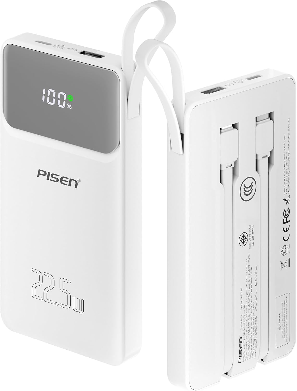 PISEN BANCO DE ENERGÍA CON CERTIFICACIÓN 3C - BANCO DE ENERGÍA CCC DE 10000MAH 22.5W CON CABLE INTEGRADO, PAQUETE DE BATERÍA - 1