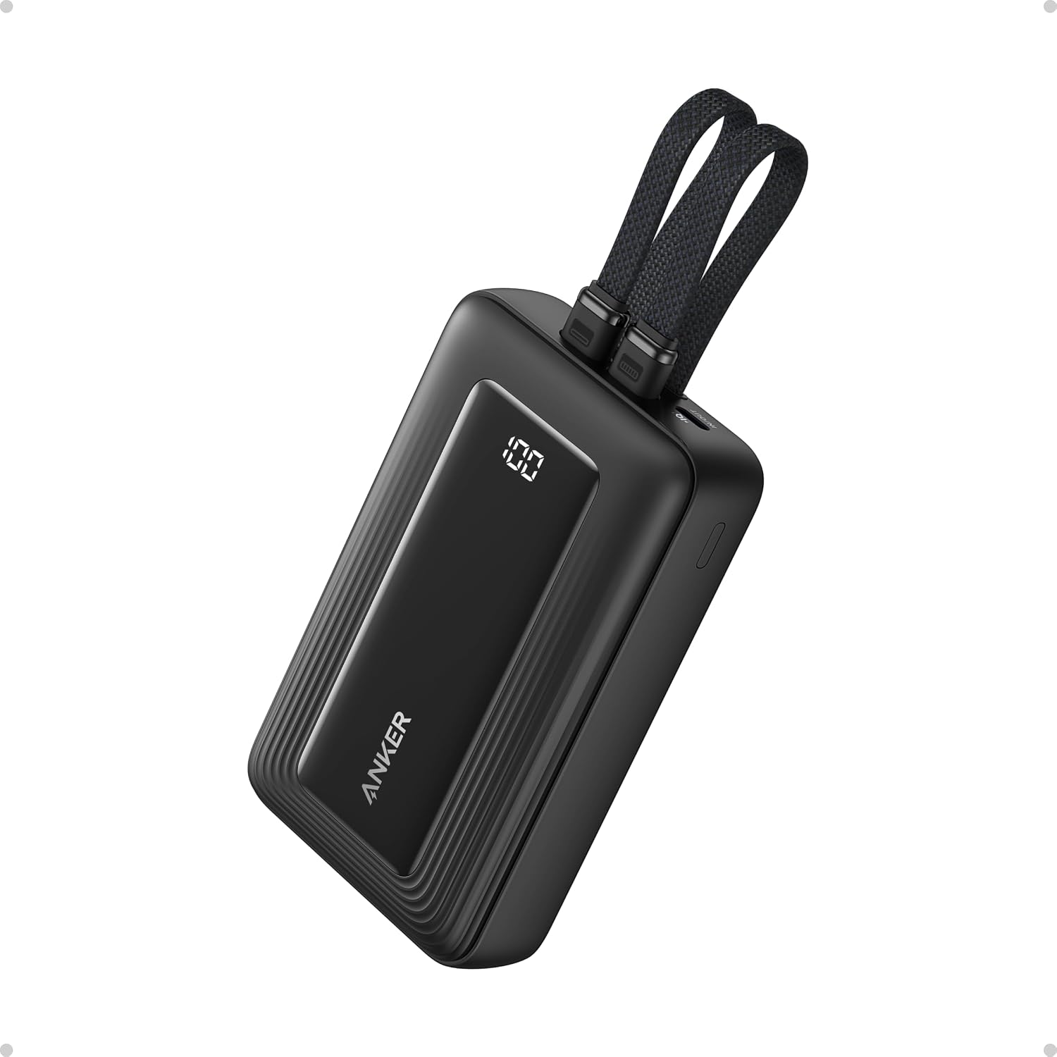 ANKER POWER BANK, CARGADOR PORTÁTIL RÁPIDO DE 20,000MAH 30W MAX CON USB-C INCORPORADO Y CABLES LIGHTNING CERTIFICADOS MFI, - 1