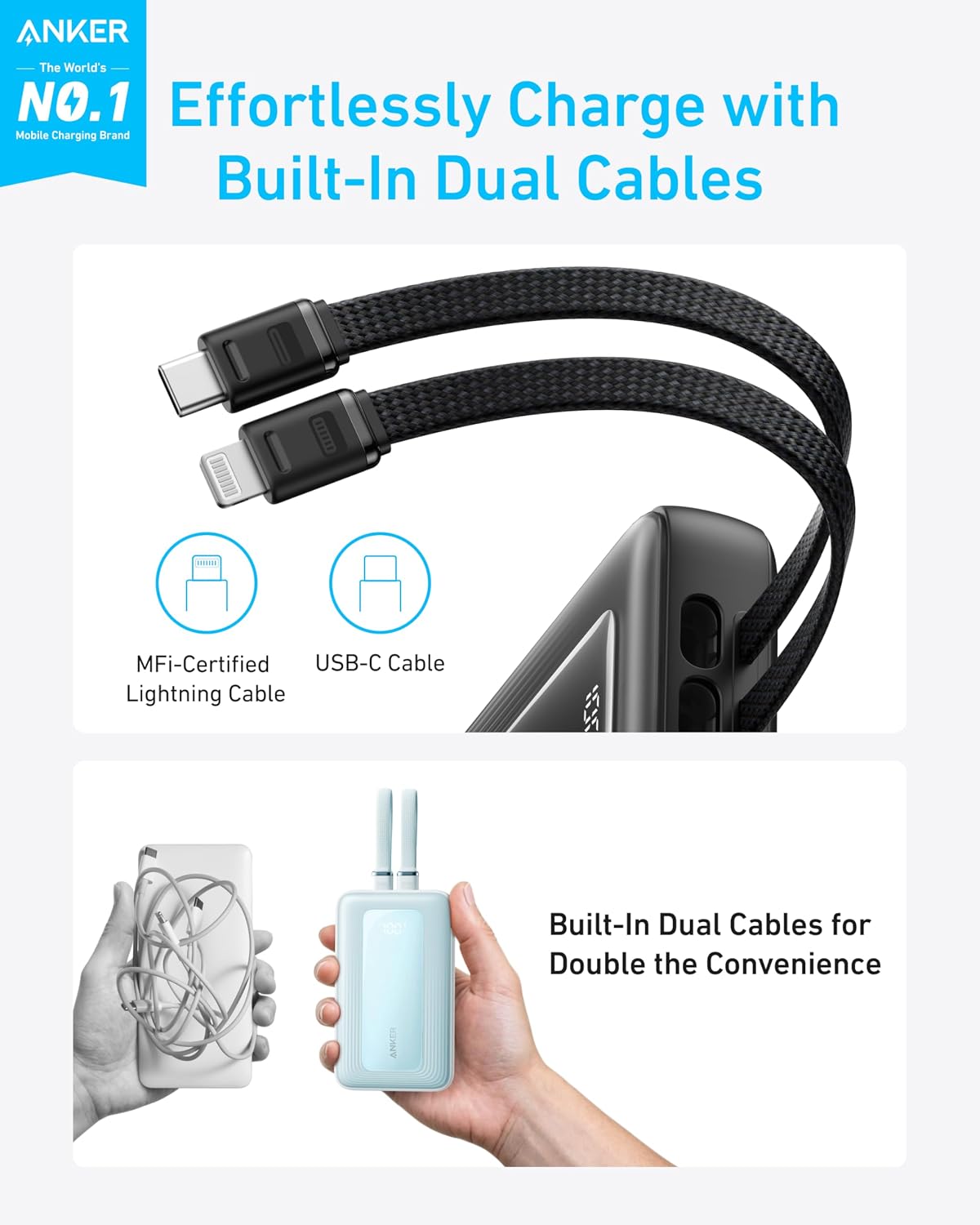 ANKER POWER BANK, CARGADOR PORTÁTIL RÁPIDO DE 20,000MAH 30W MAX CON USB-C INCORPORADO Y CABLES LIGHTNING CERTIFICADOS MFI, - 2