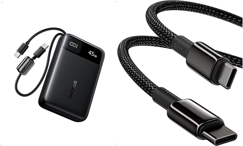 BASEUS CABLE USB C A C DE CARGA RÁPIDA DE 100 W PD 5A QC 4.0, PAQUETE CON CARGADOR PORTÁTIL COMPACTO DE 20000 MAH DE 45 W, - 1
