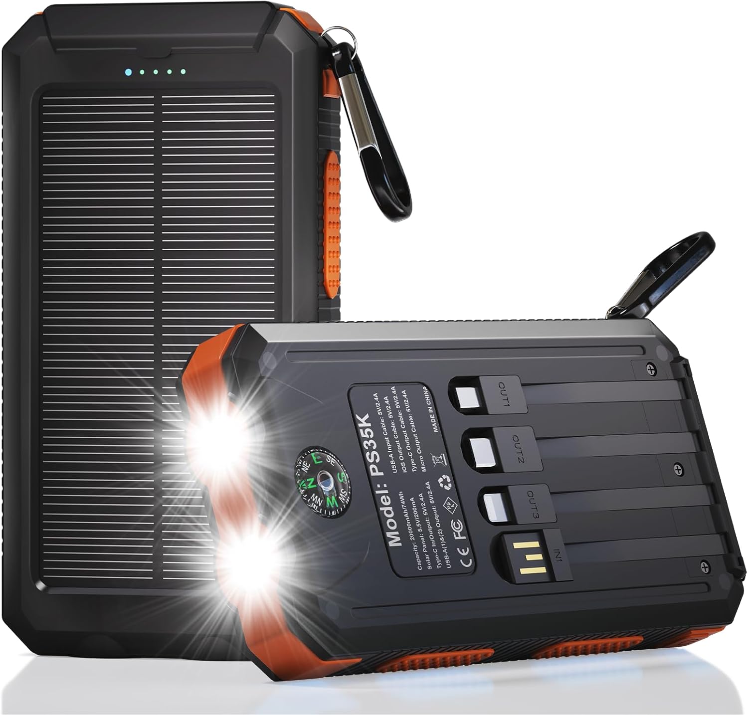 DURECOPOW CARGADOR SOLAR DE 20,000 MAH, CARGADOR PORTÁTIL, 4 CABLES, 3 PUERTOS, CARGA RÁPIDA, PAQUETE DE BATERÍA EXTERNA - 1
