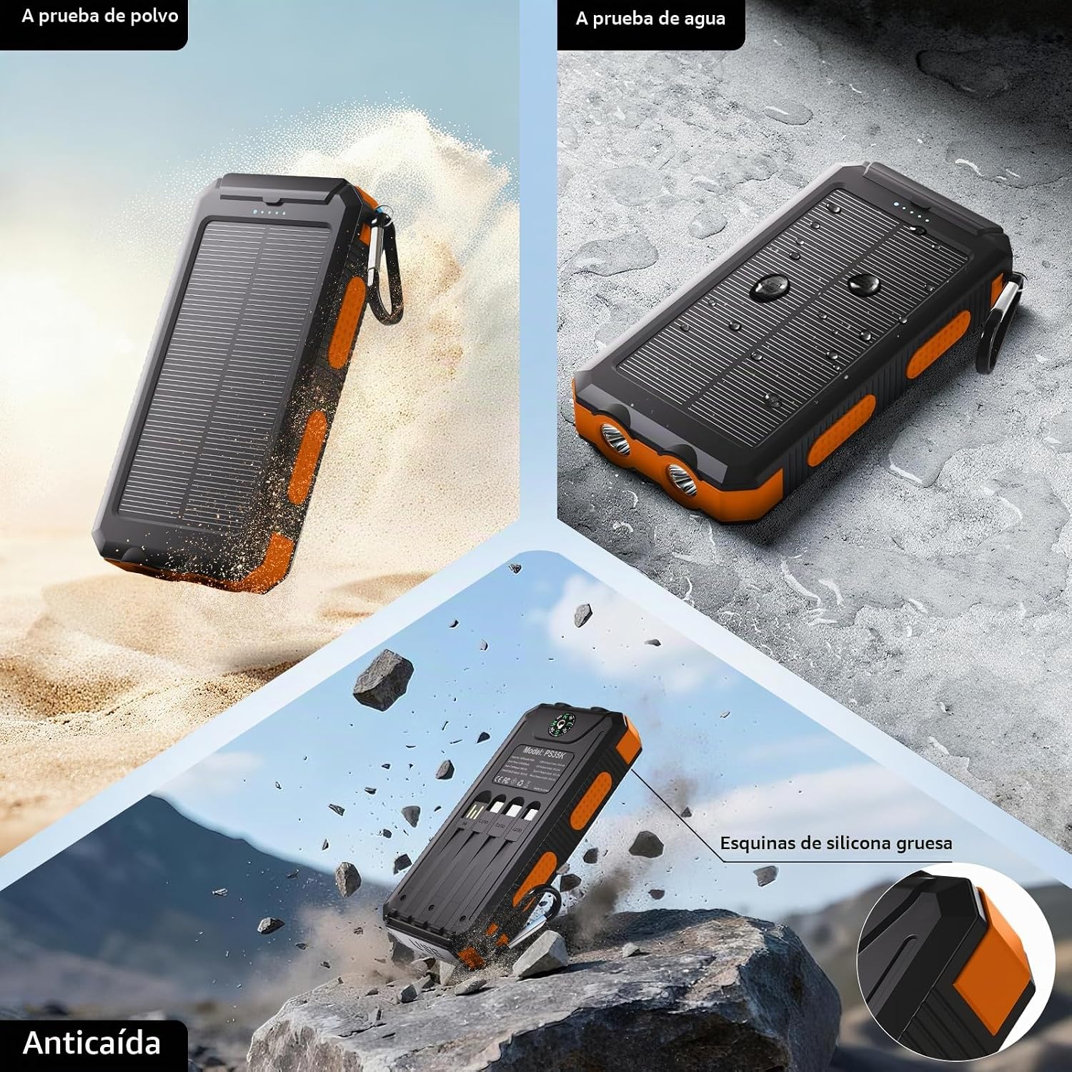 DURECOPOW CARGADOR SOLAR DE 20,000 MAH, CARGADOR PORTÁTIL, 4 CABLES, 3 PUERTOS, CARGA RÁPIDA, PAQUETE DE BATERÍA EXTERNA - 7
