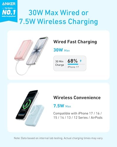 ANKER ZOLO BANCO DE ENERGÍA MAGNÉTICO, CARGADOR PORTÁTIL INALÁMBRICO COMPACTO DE 10,000MAH CON CARGA RÁPIDA MÁXIMA DE 30W, - 7