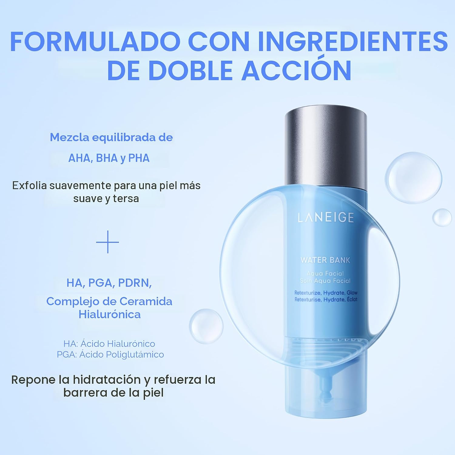 SUERO FACIAL LANEIGE WATER BANK AQUA SUERO EXFOLIANTE E HIDRATANTE DE K-BEAUTY EXFOLIACIÓN SUAVE AHA BHA PHA IMPULSO - 6