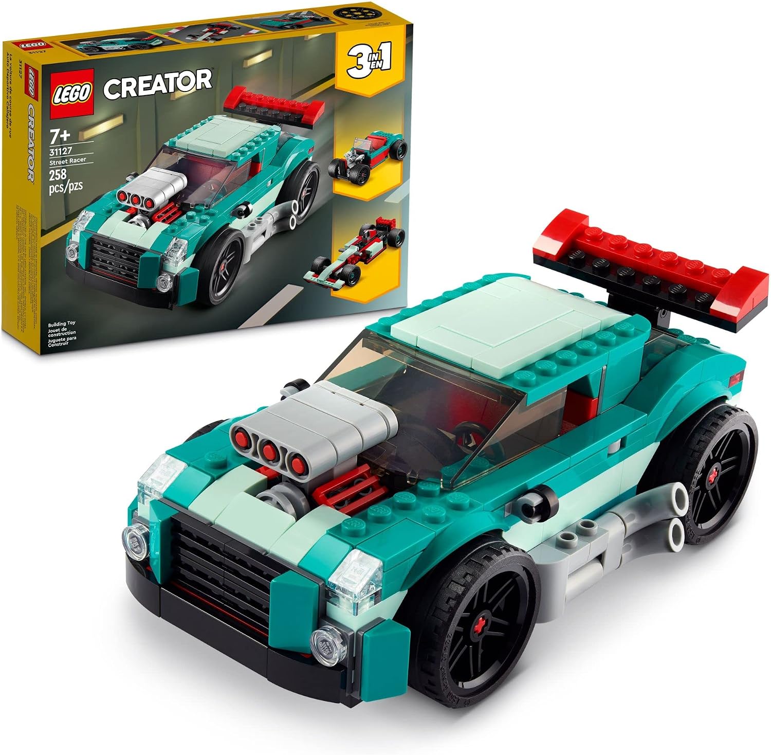 LEGO CREATOR 3 EN 1 STREET RACER CAR, KIT RECONSTRUIBLE QUE SE TRANSFORMA EN UN AUTO MUSCULOSO, HOT ROD O JUGUETE DE COCHE - 1