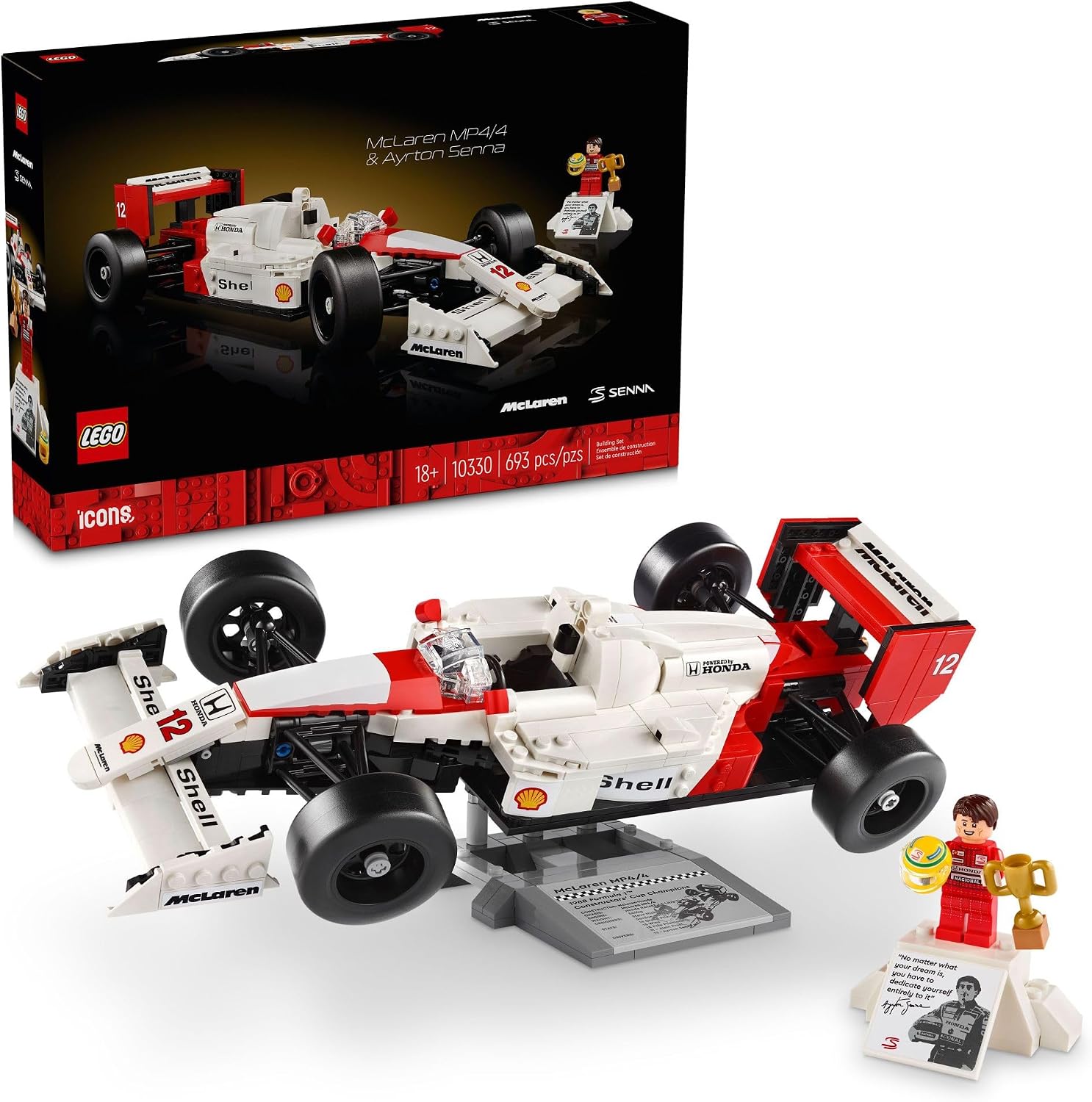 LEGO ICONS MCLAREN MP4/4 Y AYRTON SENNA KIT DE MODELO DE COCHE CON MINIFIGURA - SET DE MCLAREN F1 CONSTRUIBLE PARA ADULTOS, - 1