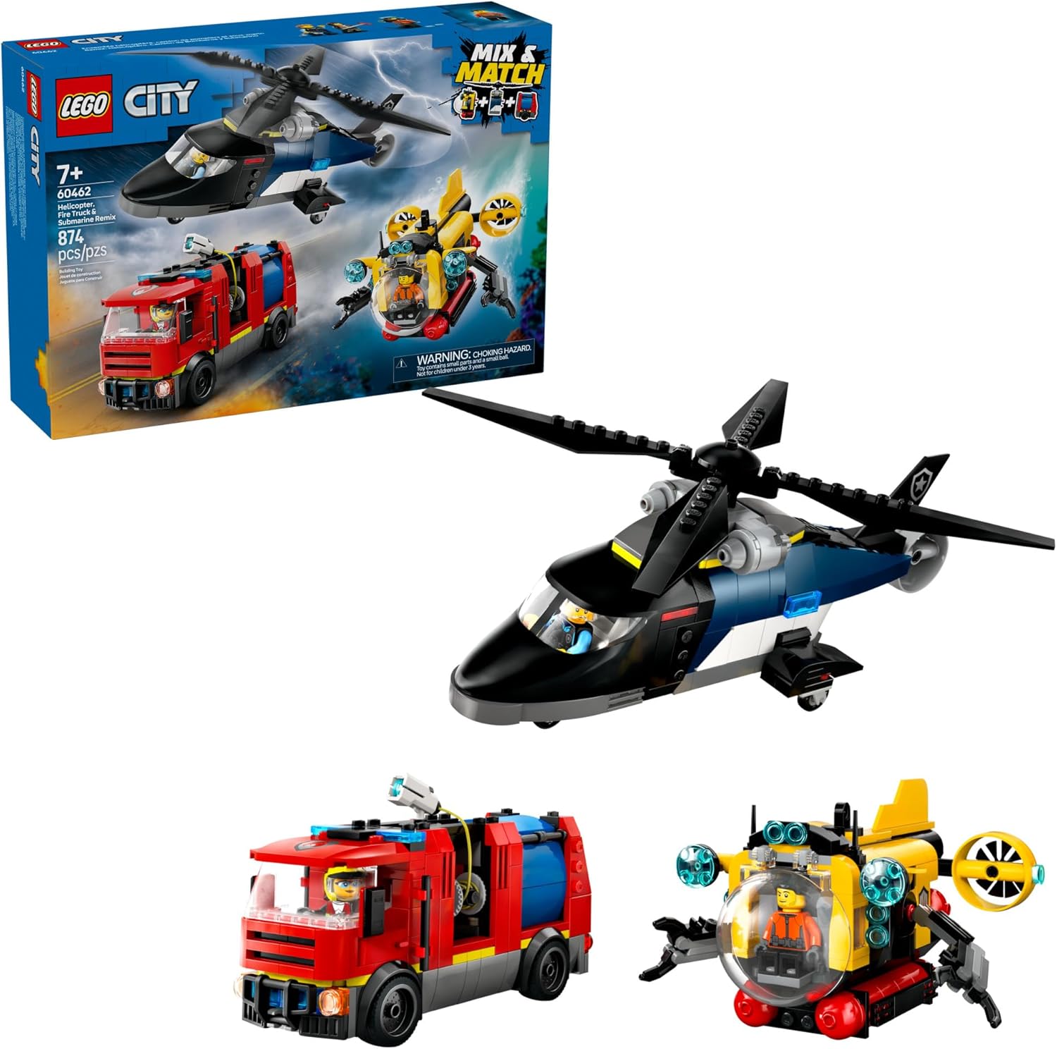 LEGO CITY HELICOPTER, CAMIÓN DE BOMBEROS Y SUBMARINO REMIX JUGUETE PARA NIÑOS, 3 JUGUETES DE CONSTRUCCIÓN EN 1 PARA NIÑOS - 1