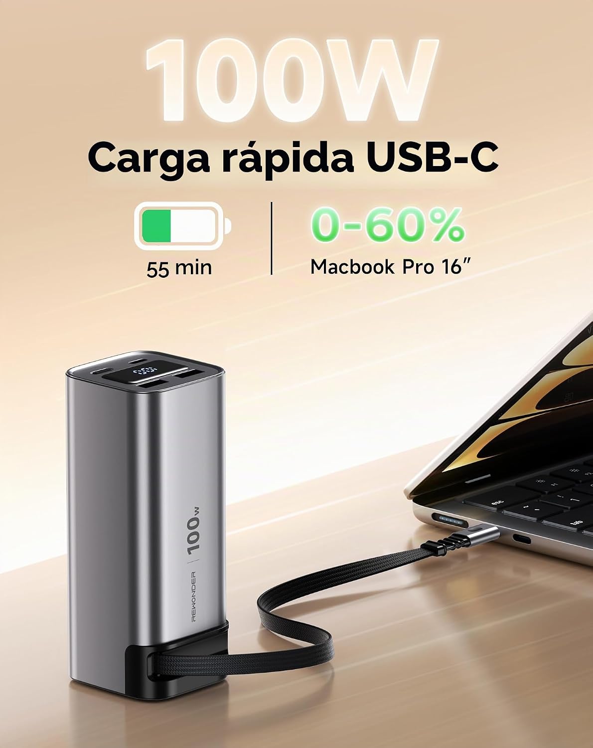 BANCO DE ENERGÍA DE 100 W DE CARGA RÁPIDA 20000 MAH, CABLE USB-C RETRÁCTIL - 2