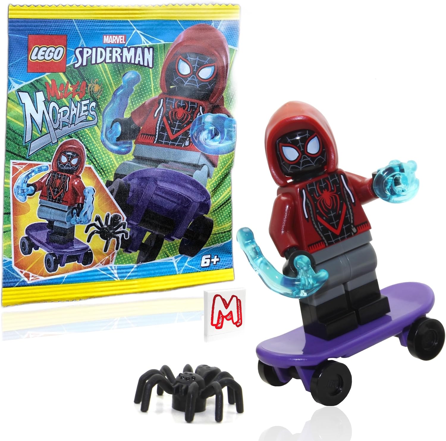 LEGO MARVEL SUPERHEROES SPIDER-MAN ACROSS THE SPIDER-VERSE MINIFIGURA - MILES MORALES MINIFIGURA CON MONOPATÍN, ARAÑA, - 1