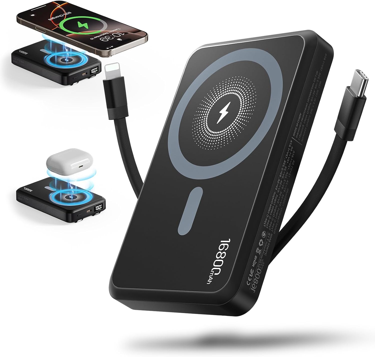 BANCO DE ENERGÍA INALÁMBRICO MAGNÉTICO 2025, CARGADOR PORTÁTIL DE 16800 MAH CON 2 CABLES INTEGRADOS, PANTALLA LED, BATERÍA - 1