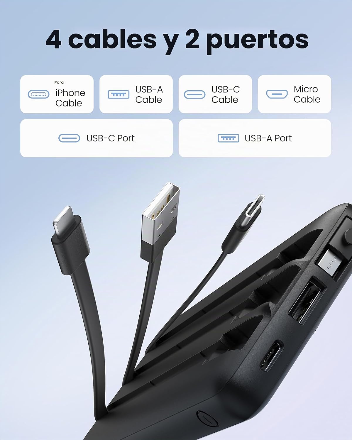 CARGADOR PORTÁTIL CON CABLES INTEGRADOS, BANCO DE ENERGÍA DELGADO DE 10000 MAH CON USB C, BATERÍA EXTERNA 5 SALIDAS 2 - 2