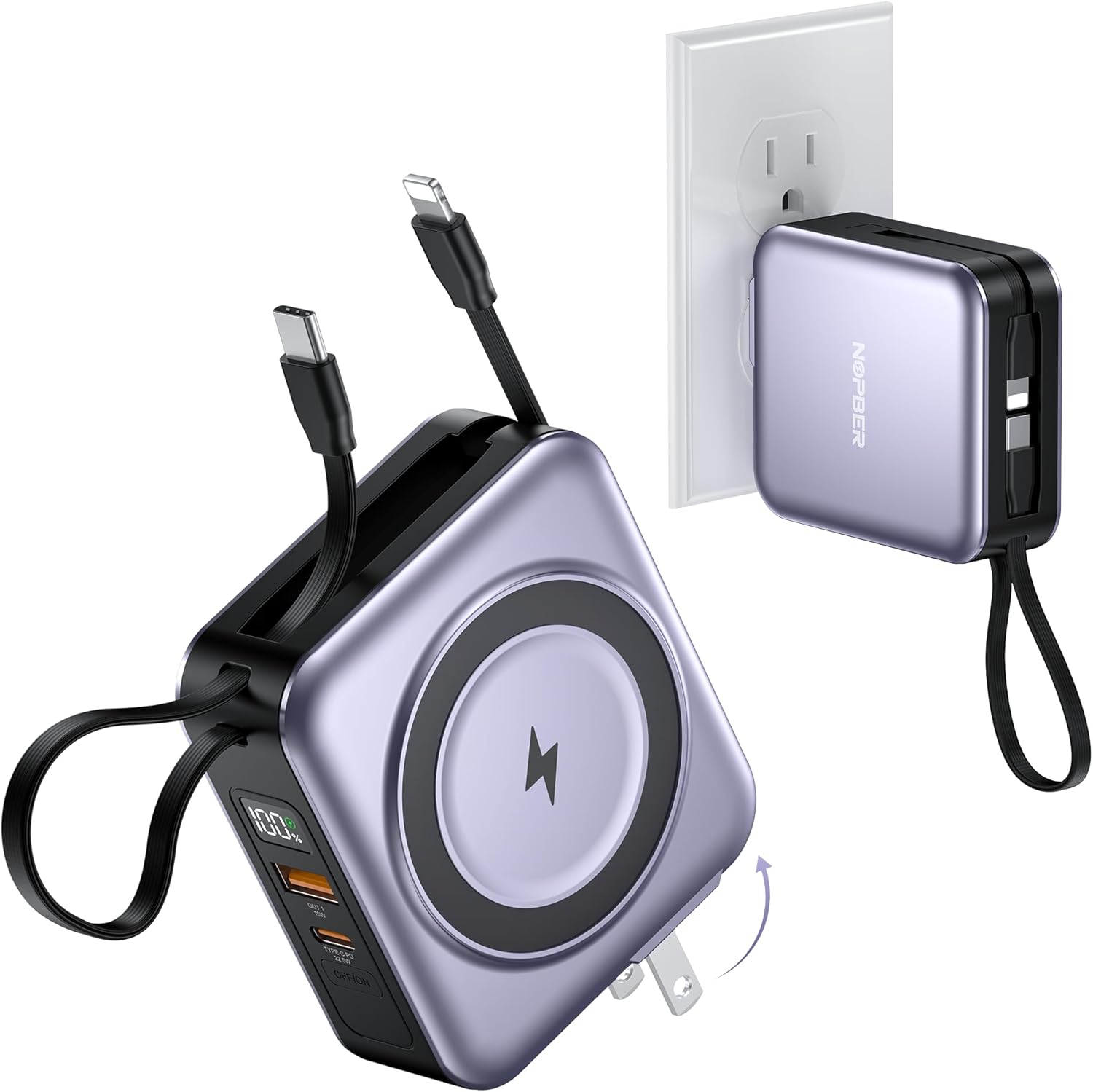 CARGADOR PORTÁTIL MAGNÉTICO 6-EN-1 DE 10000MAH CARGA RÁPIDA DE 22.5W CON ENCHUFE DE PARED AC, CABLES USB-C Y LIGHTNING - 1