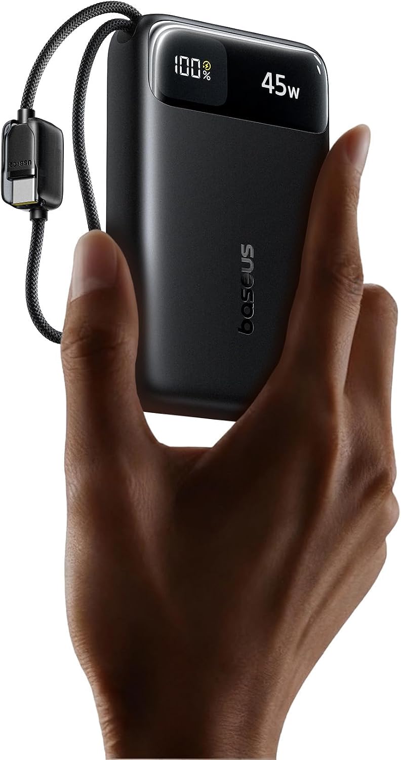 BASEUS CARGADOR PORTÁTIL COMPACTO DE 20000 MAH DE 45 W, BANCO DE ENERGÍA CERTIFICADO CCC CABLES USB-C INTEGRADOS, PAQUETE - 1