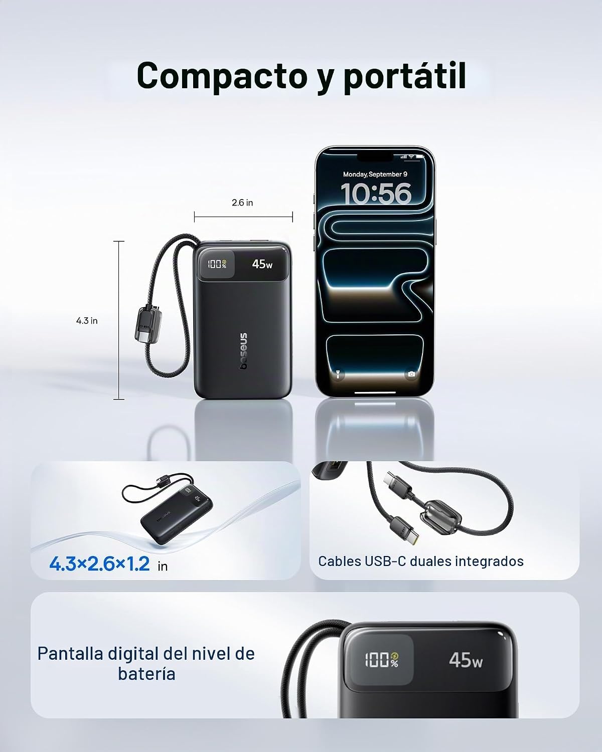 BASEUS CARGADOR PORTÁTIL COMPACTO DE 20000 MAH DE 45 W, BANCO DE ENERGÍA CERTIFICADO CCC CABLES USB-C INTEGRADOS, PAQUETE - 2