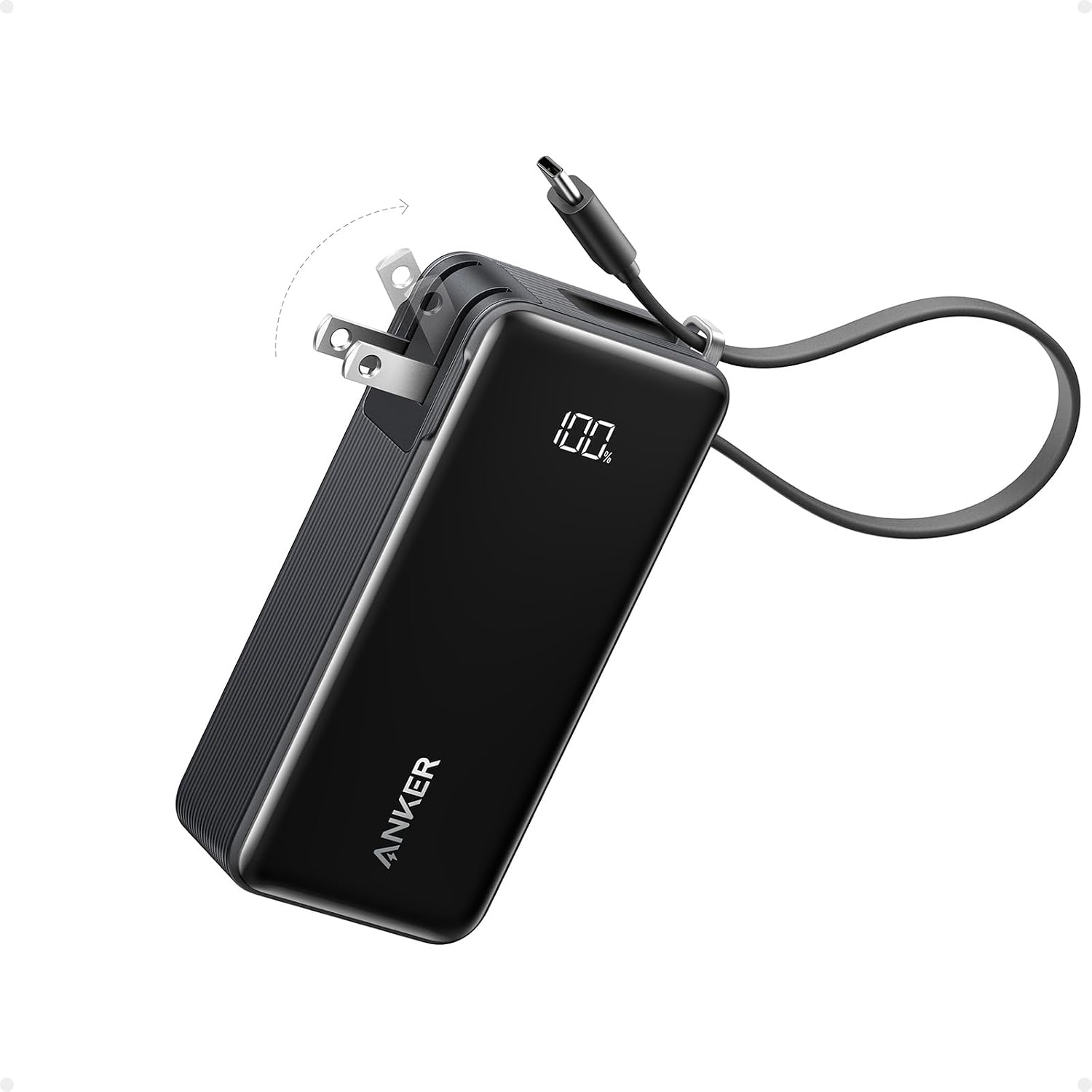 ANKER - CARGADOR PORTÁTIL NANO 3 EN 1 PARA IPHONE, 10 000 MAH, CON CABLE USB-C INTEGRADO Y ENCHUFE DE PARED PLEGABLE, - 1