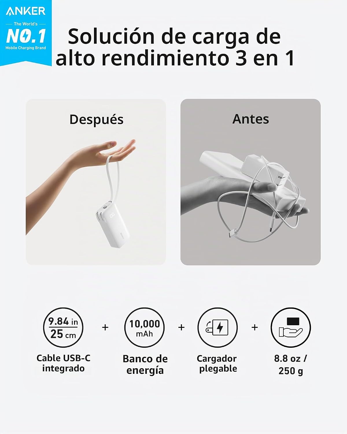 ANKER - CARGADOR PORTÁTIL NANO 3 EN 1 PARA IPHONE, 10 000 MAH, CON CABLE USB-C INTEGRADO Y ENCHUFE DE PARED PLEGABLE, - 2