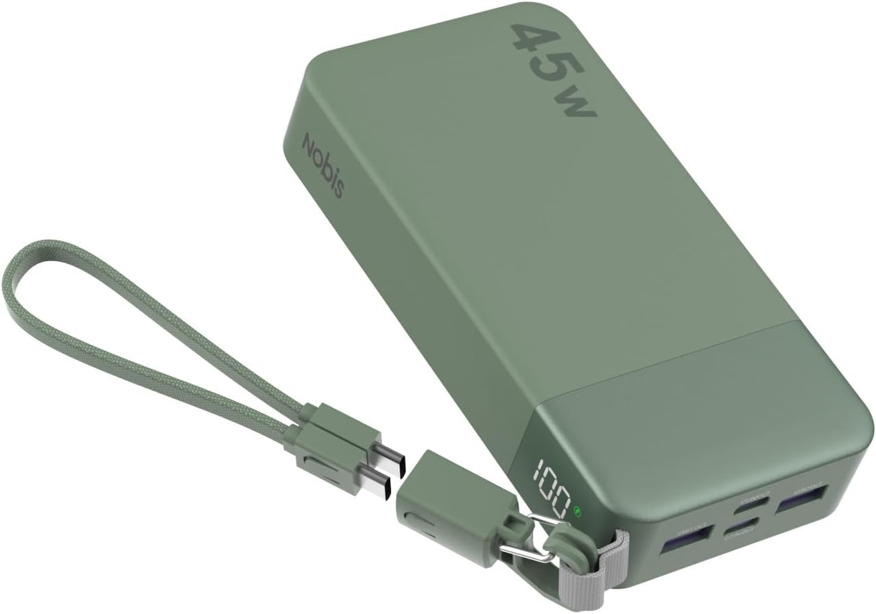NOBIS CARGADOR PORTÁTIL DE 20000 MAH, BATERÍA DE 45 W, CARGA RÁPIDA, PAQUETE DE BATERÍA DE 4 SALIDAS CON CABLE Y GANCHO - 1
