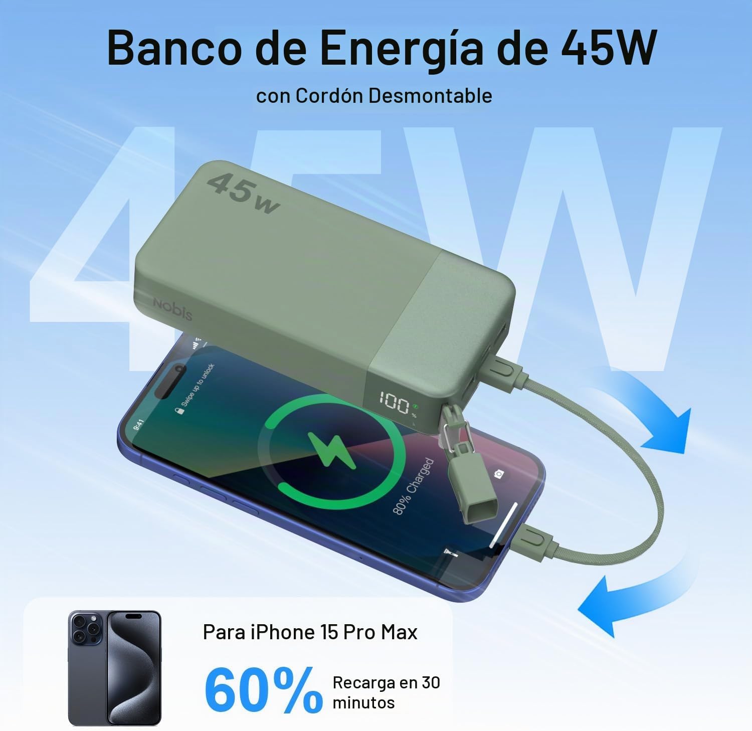 NOBIS CARGADOR PORTÁTIL DE 20000 MAH, BATERÍA DE 45 W, CARGA RÁPIDA, PAQUETE DE BATERÍA DE 4 SALIDAS CON CABLE Y GANCHO - 2