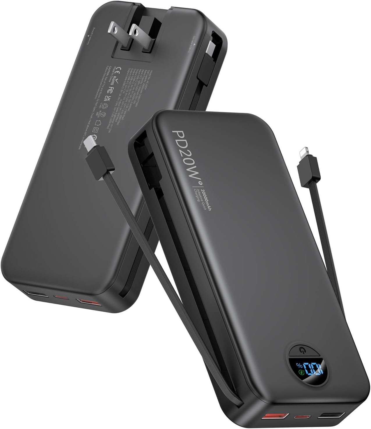 CARGADOR PORTÁTIL CITICR POWER BANK, 20000MAH 22.5W USB C DE CARGA RÁPIDA CON CABLES INCORPORADOS Y ENCHUFE DE PARED, - 1