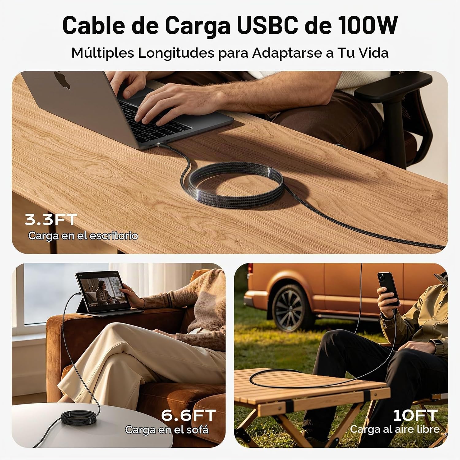 CABLE USB C A USB C DE 3 PIES, 100 W, TIPO C A C, CABLE DE CARGA RÁPIDA, PAQUETE DE 3 UNIDADES, COLOR NEGRO - 7
