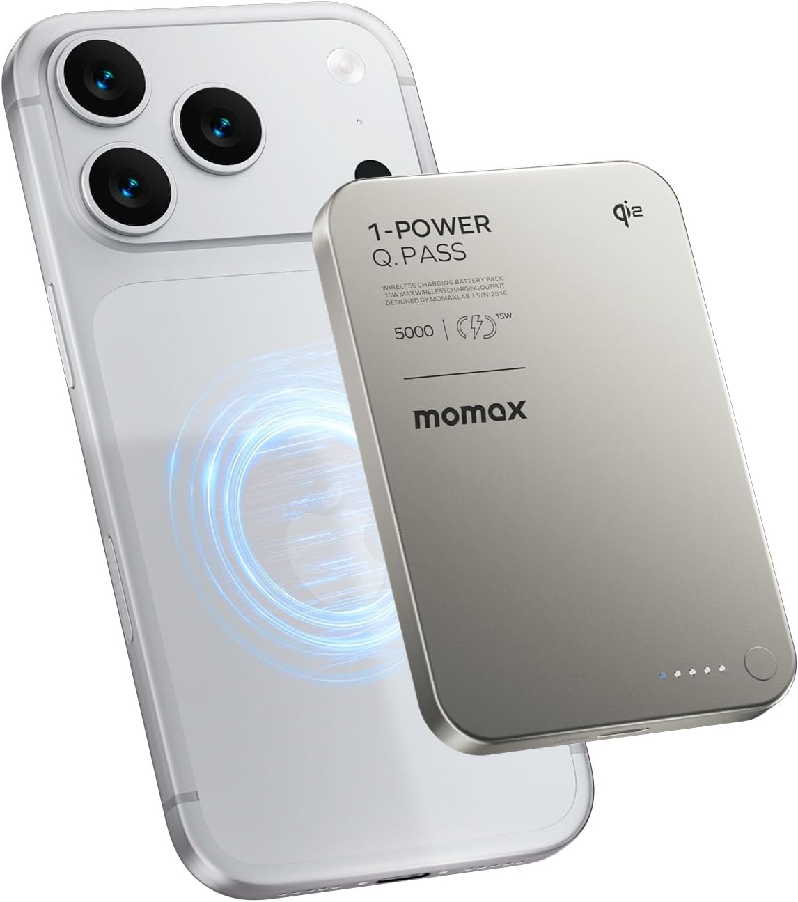 MOMAX Q.PASS BANCO DE ENERGÍA MAGNÉTICO, CARGADOR PORTÁTIL DELGADO DE 5000MAH CERTIFICADO QI2 CARGA ULTRA-RÁPIDA DE 15W - 1