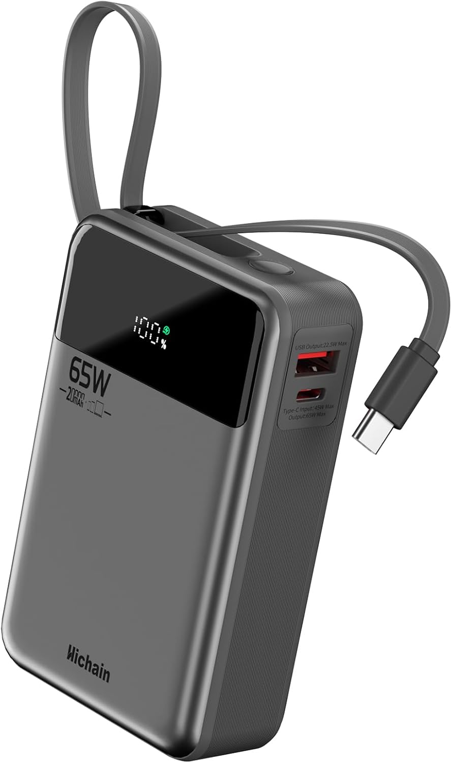 HICHAIN BANCO DE ENERGÍA PARA PORTÁTIL DE 65 W, 20000 MAH, CARGADOR PORTÁTIL CON CABLE USB-C INTEGRADO, PAQUETE DE BATERÍA - 1