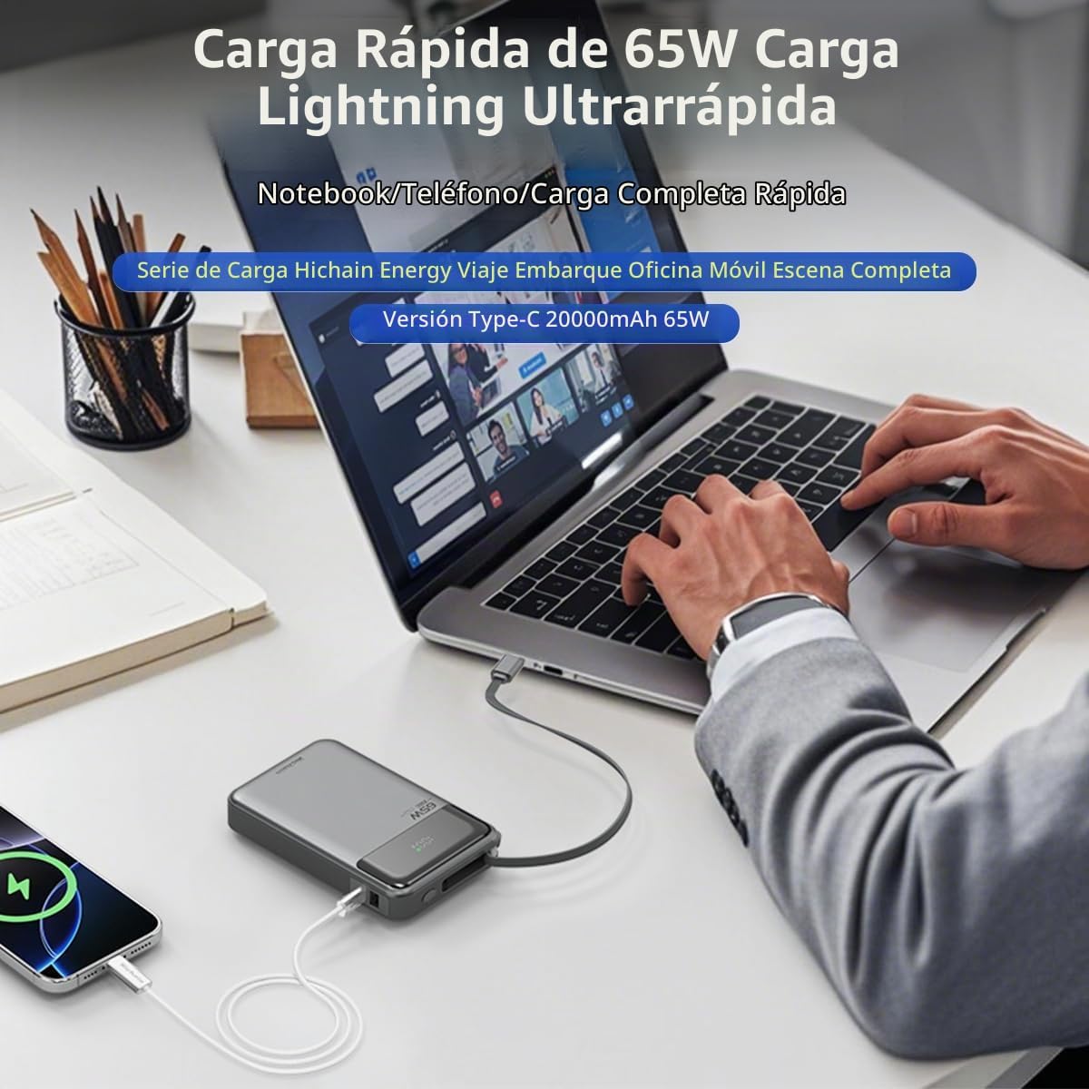HICHAIN BANCO DE ENERGÍA PARA PORTÁTIL DE 65 W, 20000 MAH, CARGADOR PORTÁTIL CON CABLE USB-C INTEGRADO, PAQUETE DE BATERÍA - 2