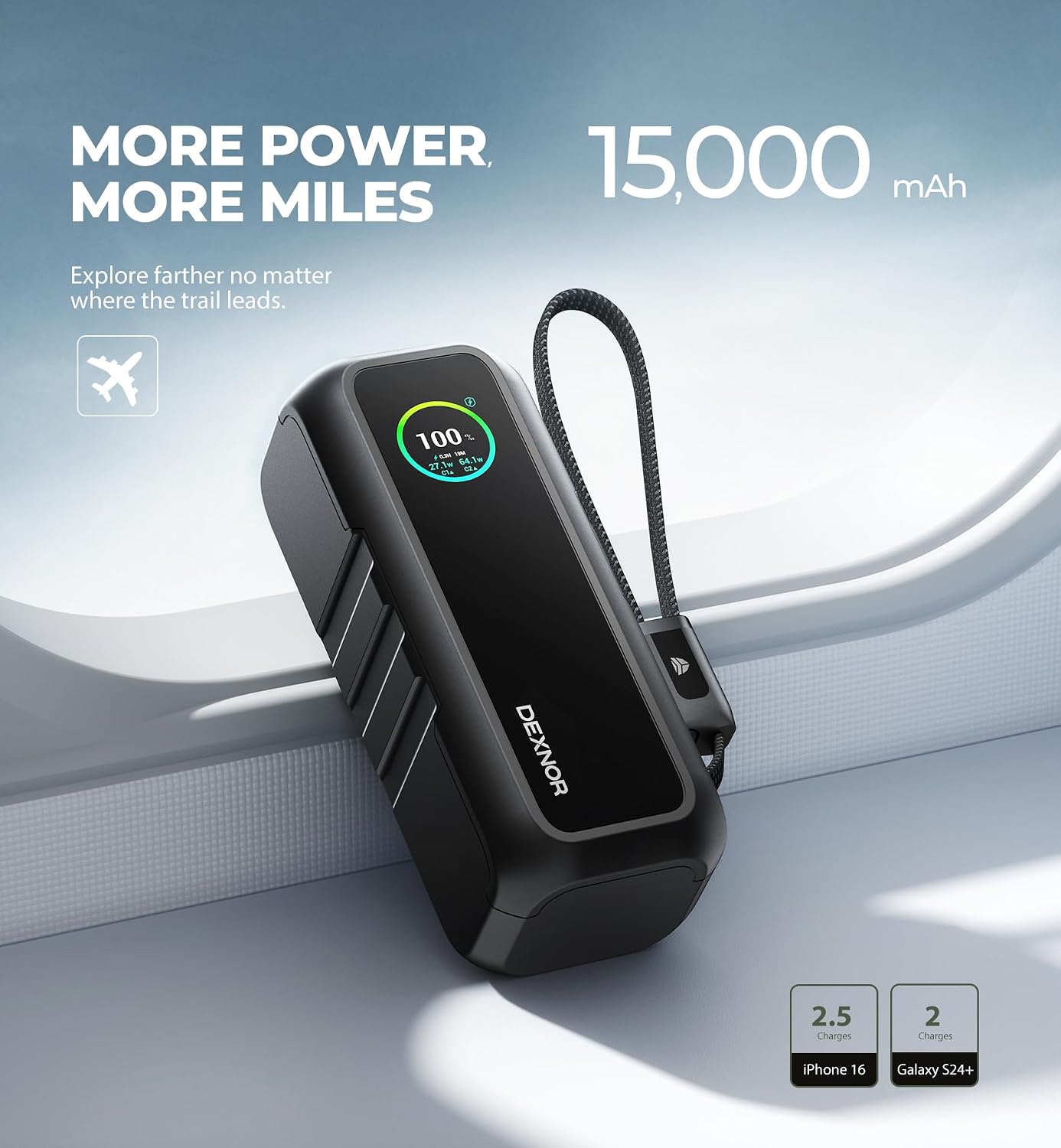 DEXNOR CARGADOR PORTÁTIL 3 EN 1, BANCO DE ENERGÍA DE 15,000 MAH 65 W CON ENCHUFE DE PARED DE CA PLEGABLE Y CABLE USB-C - 2