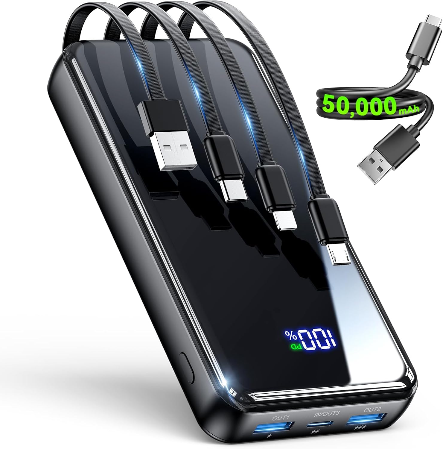 CARGADOR PORTÁTIL, CARGADOR DE BATERÍA DE 50000 MAH, CABLE INTEGRADO, 22.5 W PD USB C DE ENTRADA Y SALIDA DE CARGA RÁPIDA, - 1