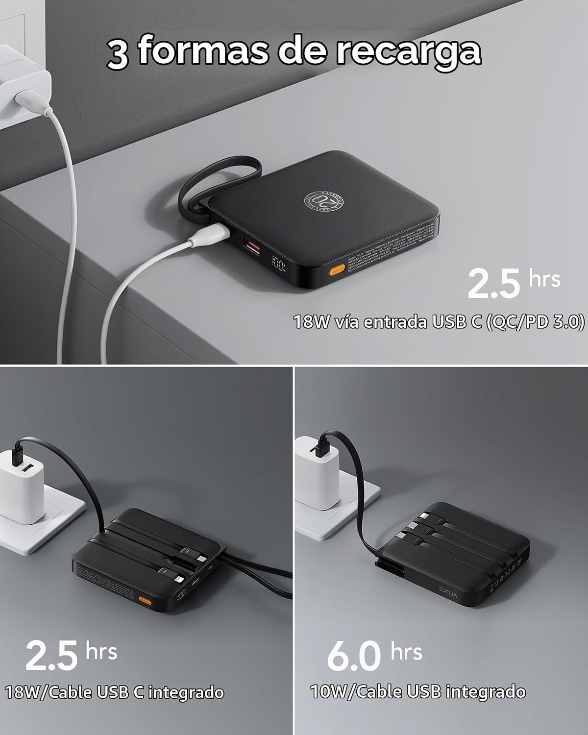 VRURC CARGADOR PORTÁTIL DE 20000 MAH DE CARGA RÁPIDA DE 20 W CON 4 CABLES INCORPORADOS - 2