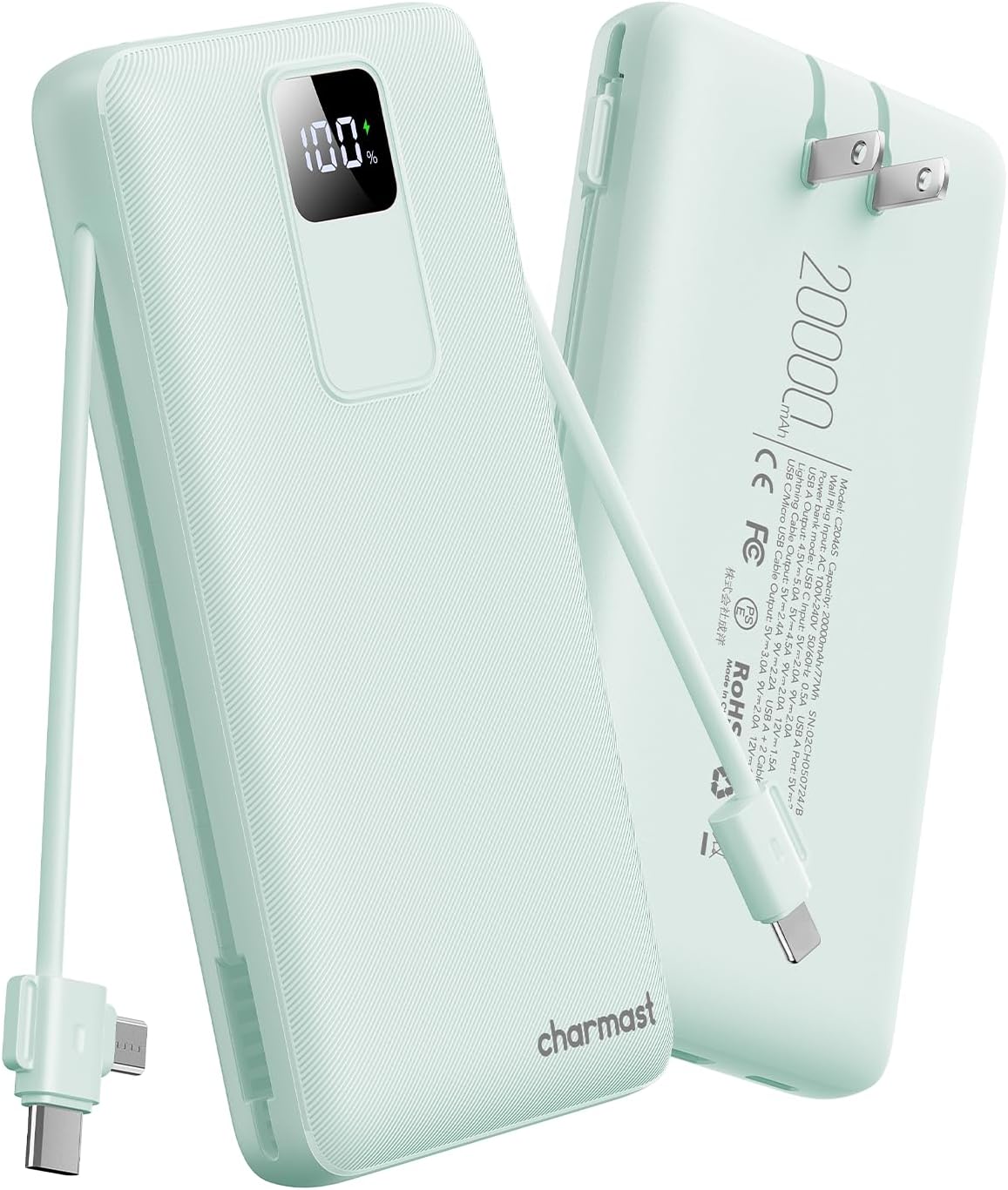 CARGADOR PORTÁTIL CHARMAST CON CABLES INCORPORADOS Y ENCHUFE DE PARED, BATERÍA DE CARGA RÁPIDA DE 20.000 MAH 20W USB C - 1