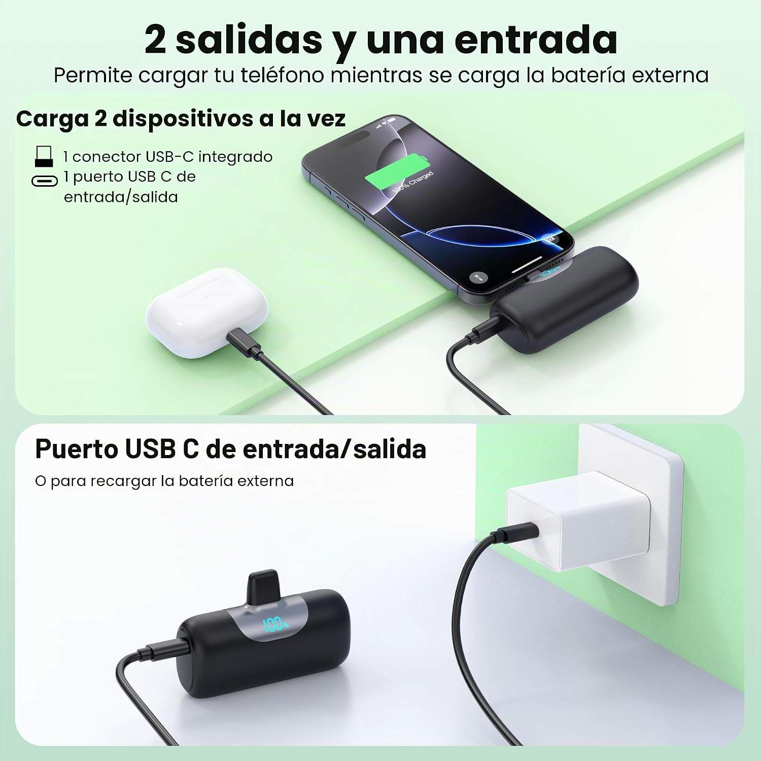 PAQUETE DE 2 CARGADORES PORTÁTILES DE 5500 MAH PARA IPHONE 17/16, PANTALLA LCD USB C MINI POWER BANK, PD CARGA RÁPIDA LÁPIZ - 7