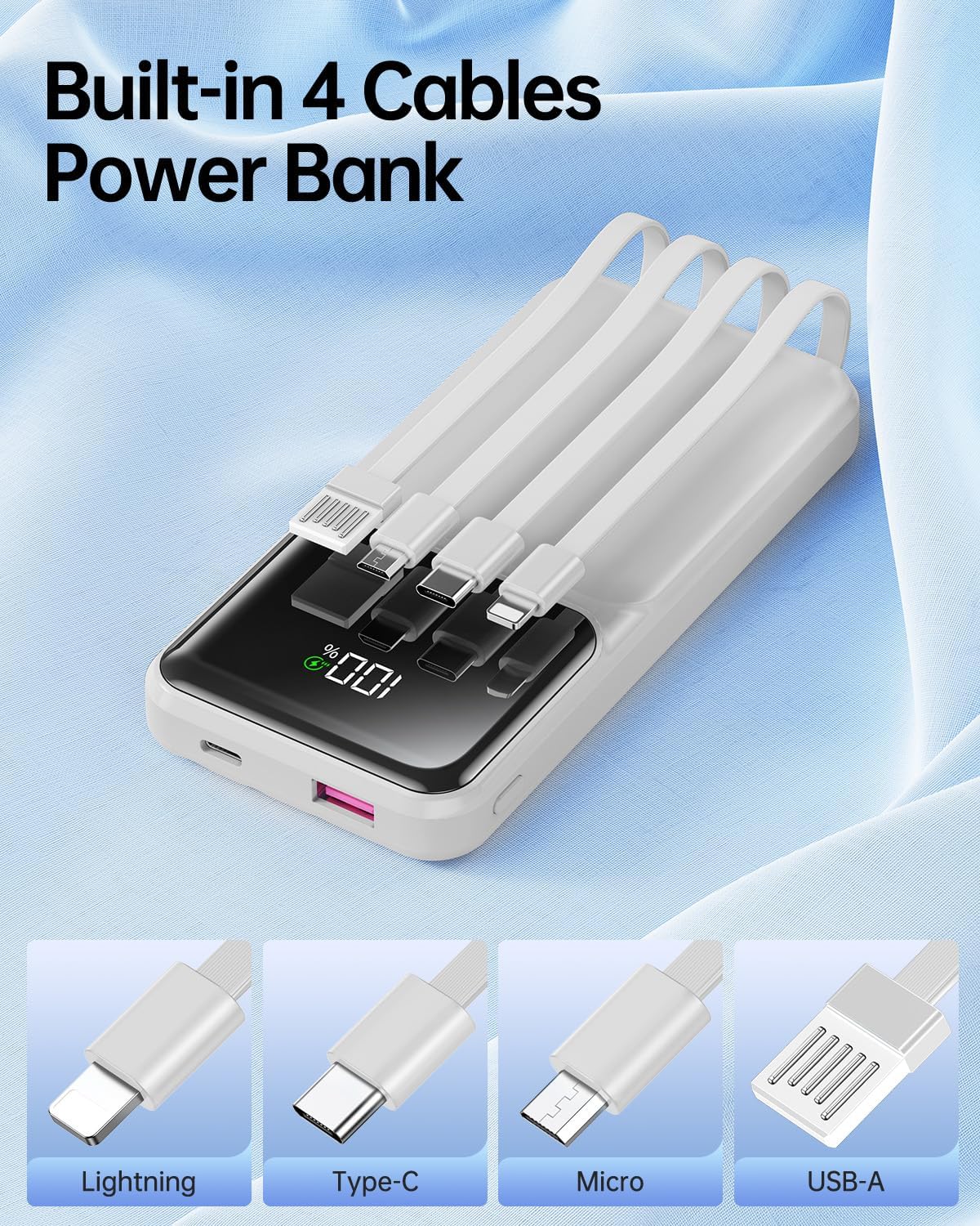 CARGADOR PORTÁTIL CON CABLE INTEGRADO DE 20000 MAH - PANTALLA LED USB C DE CARGA RÁPIDA DE 22.5 W, BATERÍA DELGADA, 5 - 2