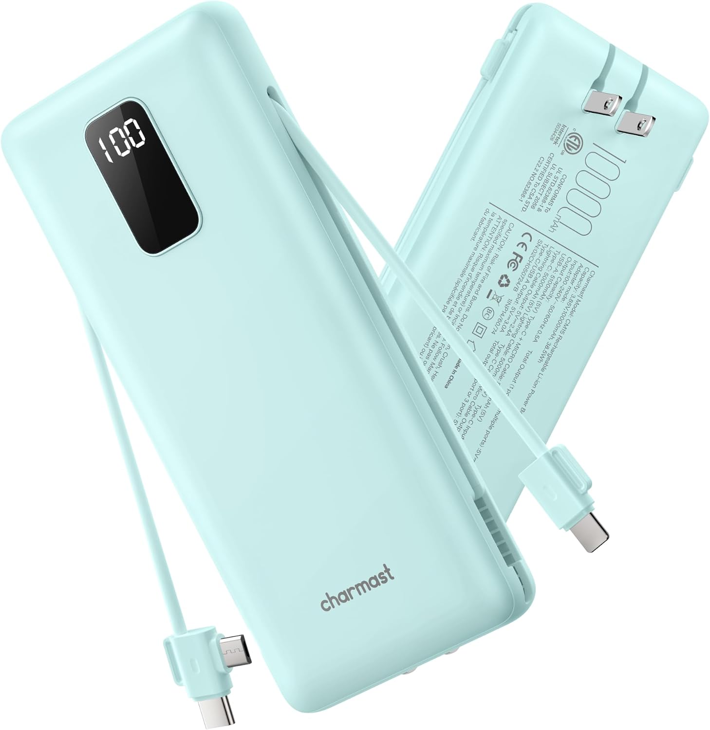 CHARMAST 10000MAH PORTABLE CHARGER WITH BUILT-IN CABLES AND AC WALL PLUG - 1