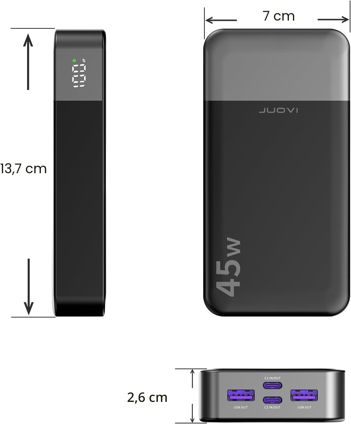 JUOVI J2621 BANCO DE ENERGÍA CARGADOR PORTÁTIL 20000MAH 45W, PAQUETE DE BATERÍA DE CARGA RÁPIDA PD3.0 QC 4.0 CON PANTALLA - 7