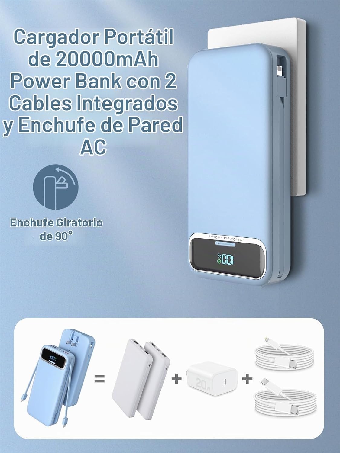 CARGADOR PORTÁTIL CON CABLES INTEGRADOS Y ENCHUFE DE PARED DE CA, PD20W Y SCP22.5W USB-C CARGA SÚPER RÁPIDA, CARGA - 2