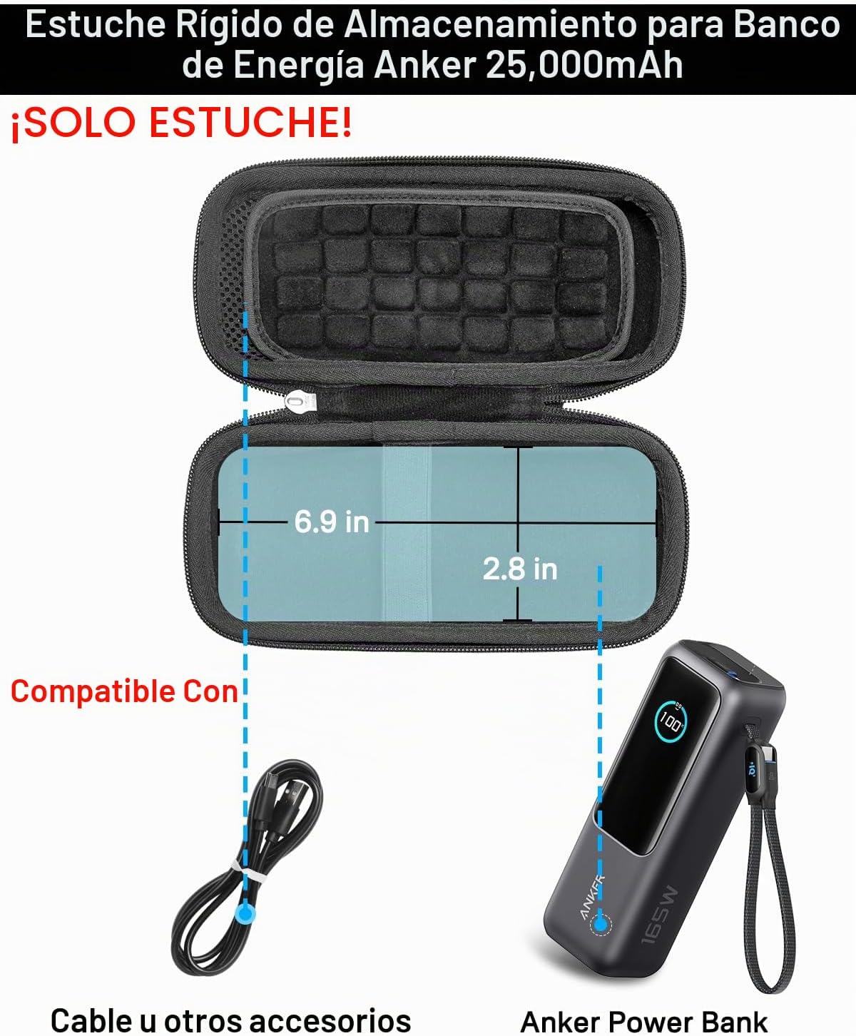 RAIACE ESTUCHE DE ALMACENAMIENTO RÍGIDO COMPATIBLE CON EL BANCO DE ENERGÍA ANKER 25,000MAH, CON BOLSILLO DE MALLA - 2
