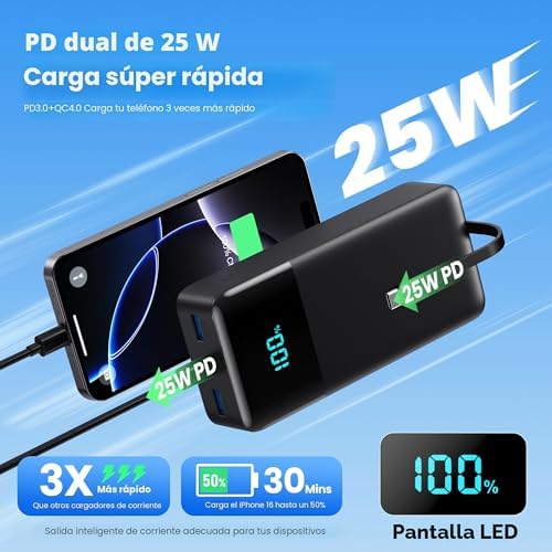 CARGADOR PORTÁTIL DE 70800 MAH CON 3 CABLES INTEGRADOS, 25 W PD QC4.0 CARGA RÁPIDA USB C, 6 SALIDAS 2 ENTRADAS PANTALLA LCD, - 7