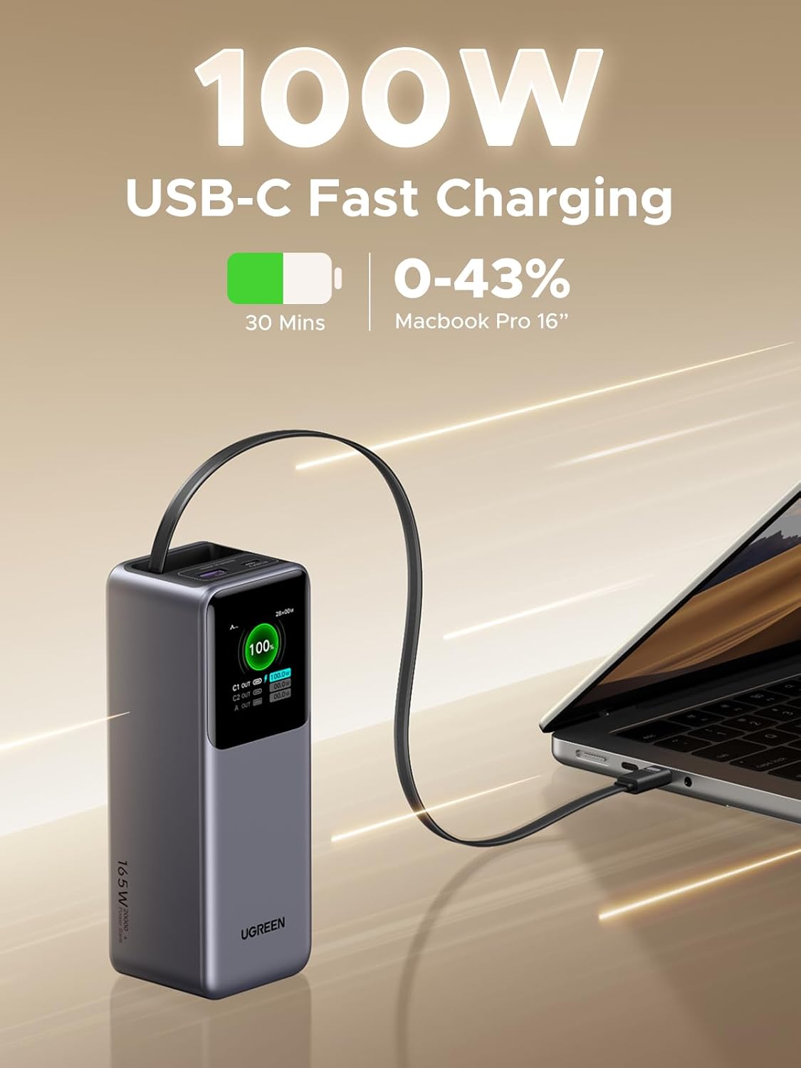 UGREEN NEXODE 20000MAH 165W POWER BANK PARA MACBOOK PRO 16, CABLE - 2