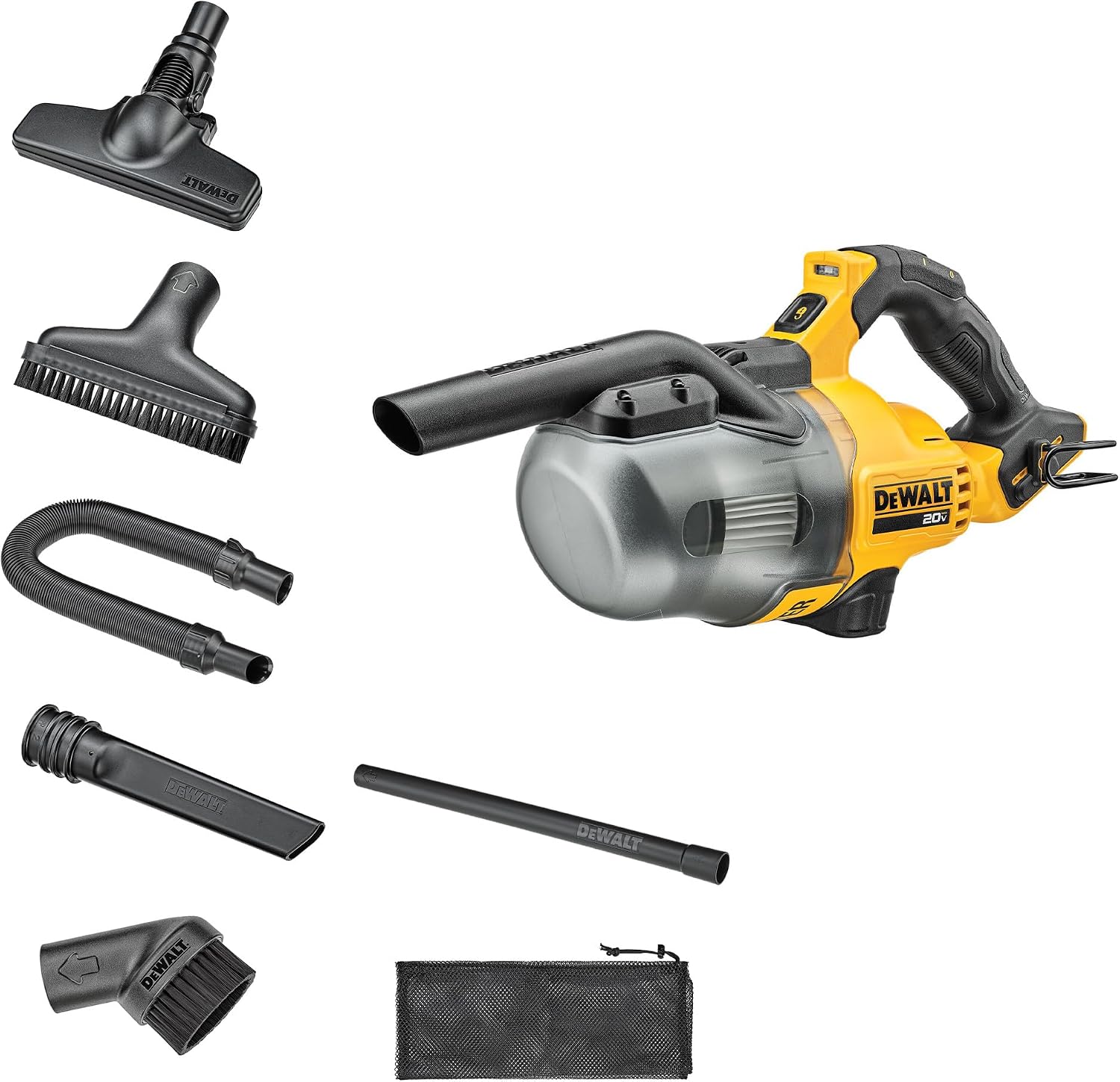 DEWALT ASPIRADORA DE MANO INALÁMBRICA DE 20V, ASPIRADORA PARA AUTOMÓVIL CON FILTRO HEPA, 6 ACCESORIOS Y LUZ LED, ALTO - 1