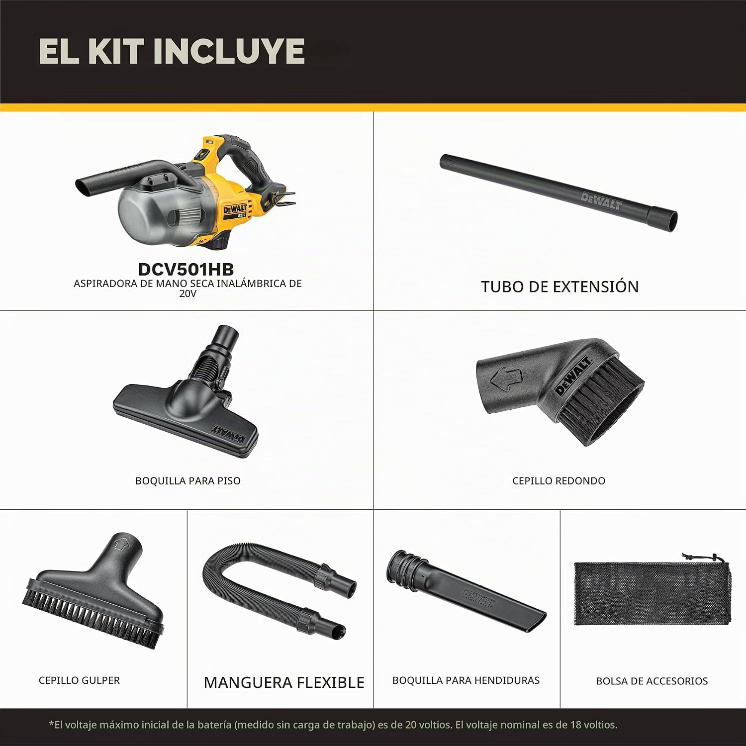 DEWALT ASPIRADORA DE MANO INALÁMBRICA DE 20V, ASPIRADORA PARA AUTOMÓVIL CON FILTRO HEPA, 6 ACCESORIOS Y LUZ LED, ALTO - 2