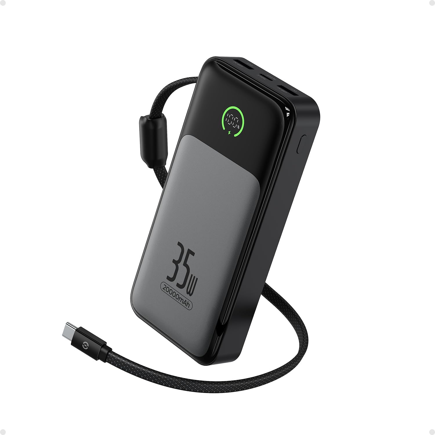 MOVE SPEED BANCO DE ENERGÍA DE 35 W, 20000 MAH, CARGADOR PORTÁTIL CON CABLE USB-C INTEGRADO, BATERÍA DE CARGA RÁPIDA DE 4 - 1