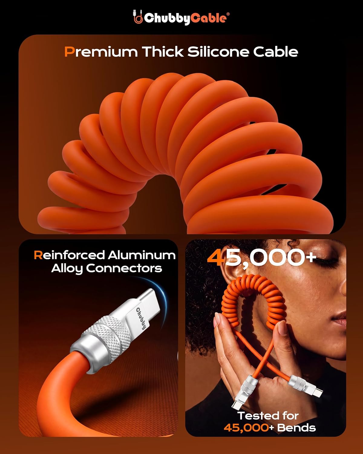 CHUBBYCABLE CURLY CHUBBY - CABLE USB C EN ESPIRAL DE SILICONA DE 240 W, 1 PAQUETE 240H SIN HUNDIMIENTO CABLE DE CARGA RÁPIDA - 7